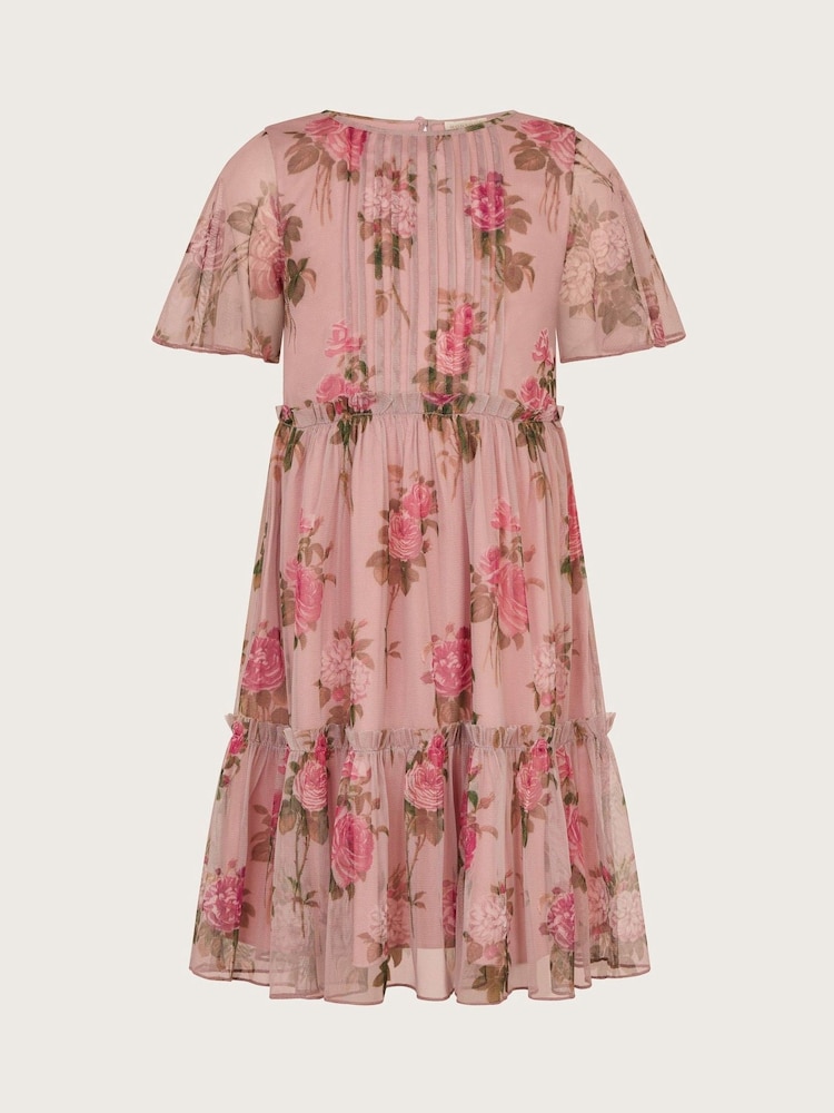 Monsoon Pink Guilia Flutter Sleeve Floral Print Tulle Dress - Image 2 of 3