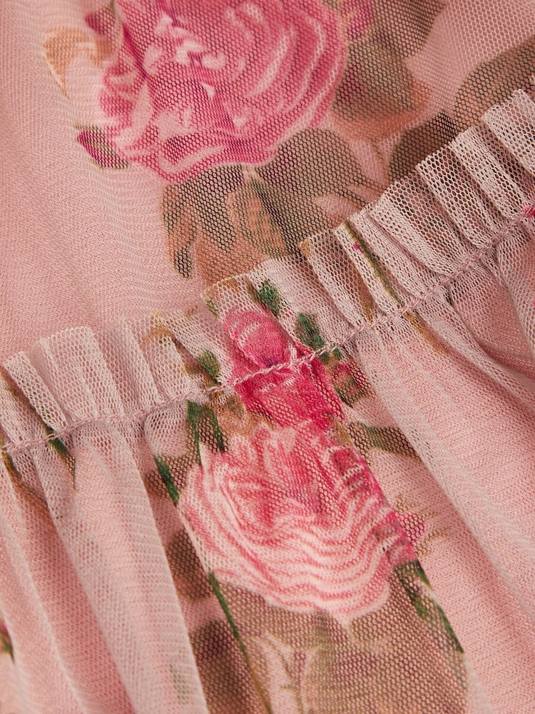 Monsoon Pink Guilia Flutter Sleeve Floral Print Tulle Dress - Image 3 of 3