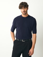 Navy Blue Relaxed Fit Premium Short Sleeve Knitted Crew T-Shirt - Image 1 of 8