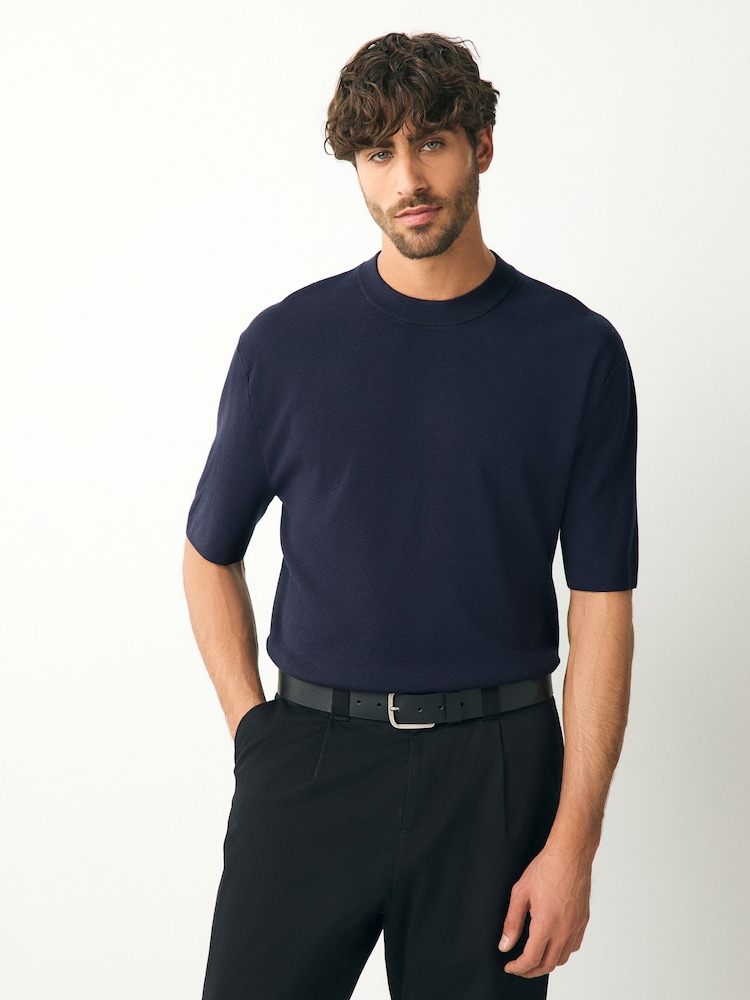 Navy Blue Relaxed Fit Premium Short Sleeve Knitted Crew T-Shirt - Image 1 of 8