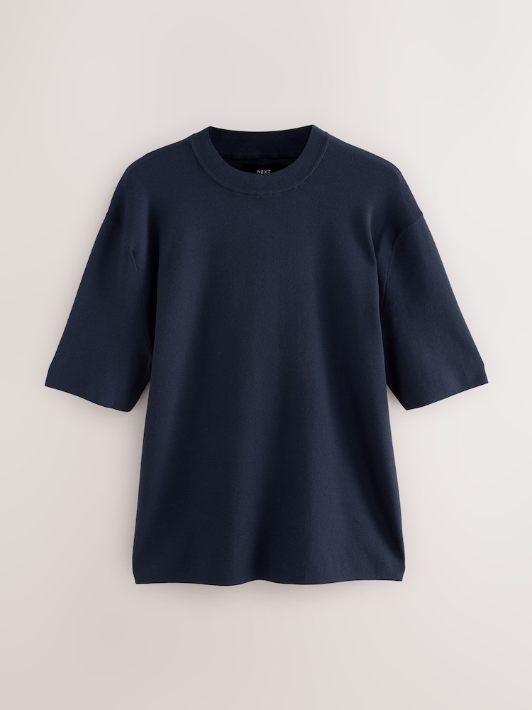 Navy Blue Relaxed Fit Premium Short Sleeve Knitted Crew T-Shirt - Image 6 of 8