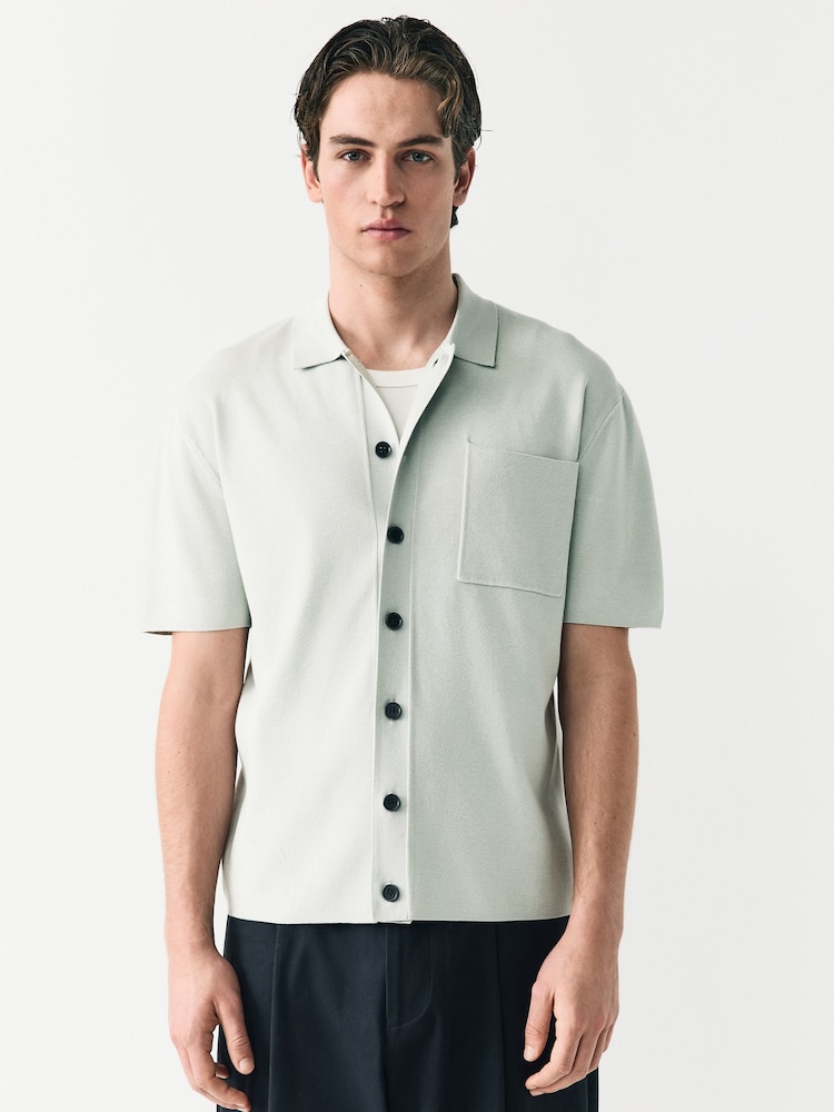 Ice Grey Relaxed Fit Premium Short Sleeve Knit Button-Through Polo Shirt - Image 1 of 7 Ice Grey Relaxed Fit Premium Short Sleeve Knit Button-Through Polo Shirt - Image 1 of 7