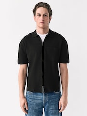 Black Zip Through Relaxed Fit Premium Short Sleeve Knit Quarter Zip Polo Shirt - Image 1 of 7