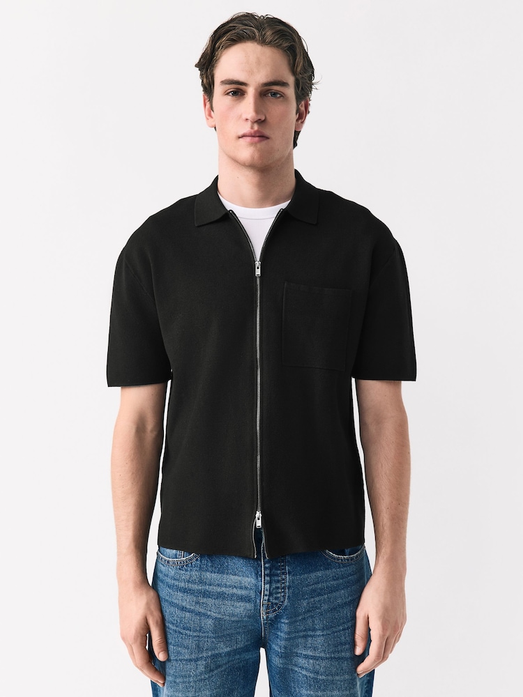 Black Zip Through Relaxed Fit Premium Short Sleeve Knit Quarter Zip Polo Shirt - Image 1 of 7