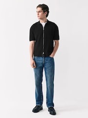 Black Zip Through Relaxed Fit Premium Short Sleeve Knit Quarter Zip Polo Shirt - Image 2 of 7
