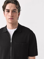 Black Zip Through Relaxed Fit Premium Short Sleeve Knit Quarter Zip Polo Shirt - Image 4 of 7