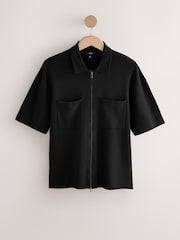 Black Zip Through Relaxed Fit Premium Short Sleeve Knit Quarter Zip Polo Shirt - Image 5 of 7