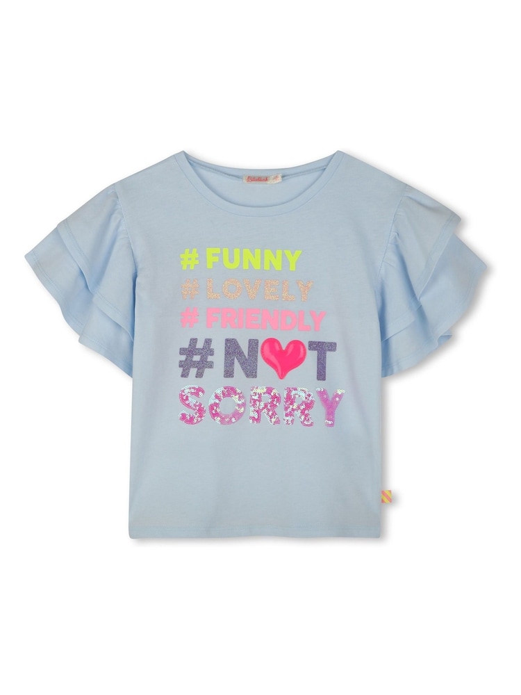 Billieblush Blue 100% Cotton Slogan Graphic Ruffle Sleeve Short Sleeve T-Shirt - Imagen 2 de 4