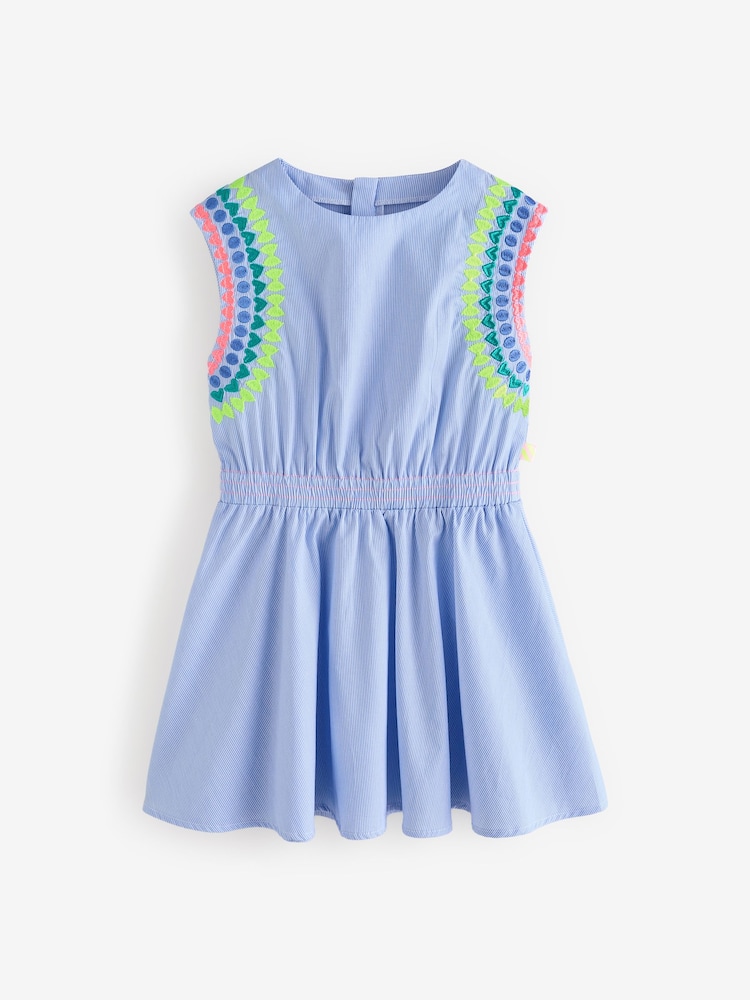 Billieblush Blue Mini Skater 100% Cotton Dress With Multicolour Embroidery Detail - Image 1 of 3