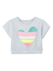 Billieblush Blue 100% Cotton Glitter Heart Logo Short Sleeve Cropped T-Shirt - Imagen 1 de 2