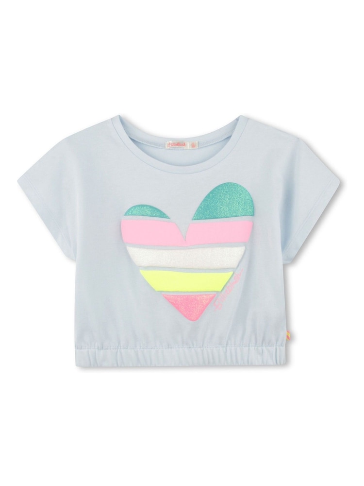 Billieblush Blue 100% Cotton Glitter Heart Logo Short Sleeve Cropped T-Shirt - Imagen 1 de 2