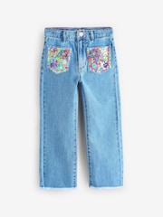 Billieblush Blue Wide Leg Logo 100% Cotton Jeans With Sequin Pocket Detail - Image 1 of 1