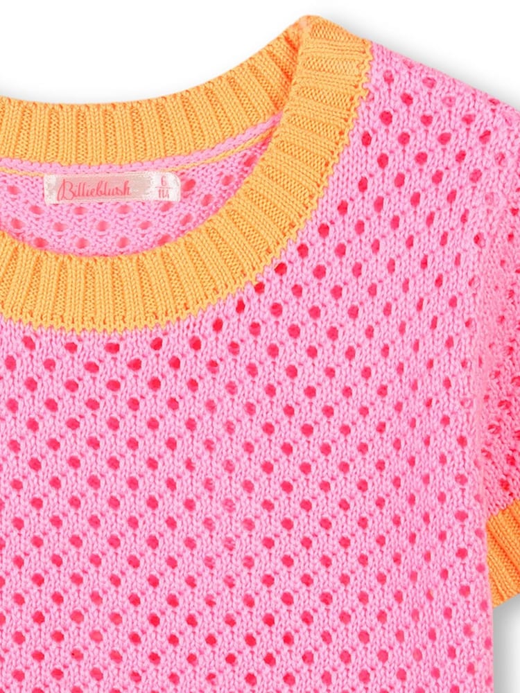 Billieblush Pink Crochet Short Sleeve T-Shirt With Contrast Colour Detail - Image 3 of 3