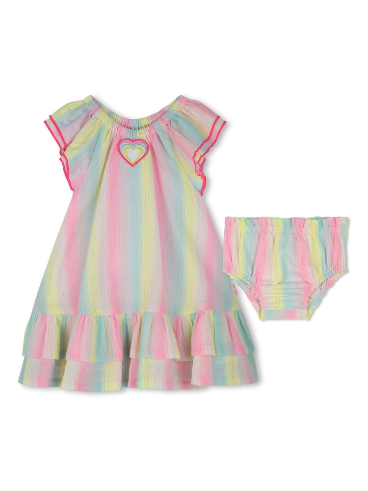 Billieblush Pink Stripe Frill Sleeve Ruffle Baby Dress And Bloomer Set - Image 1 of 6