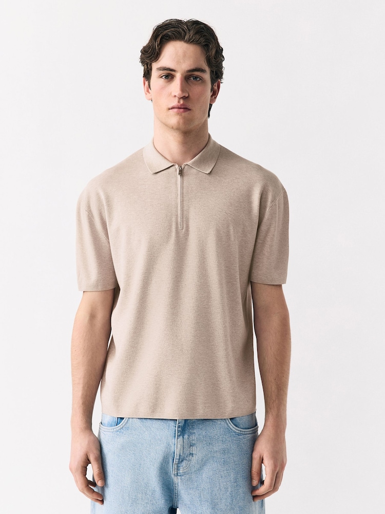 Oatmeal Quarter Zip Relaxed Fit Premium Short Sleeve Knit Polo Shirt - Image 1 of 7 Oatmeal Quarter Zip Relaxed Fit Premium Short Sleeve Knit Polo Shirt - Image 1 of 7