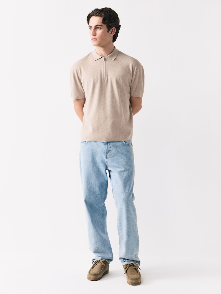 Oatmeal Quarter Zip Relaxed Fit Premium Short Sleeve Knit Polo Shirt - Image 2 of 7 Oatmeal Quarter Zip Relaxed Fit Premium Short Sleeve Knit Polo Shirt - Image 2 of 7