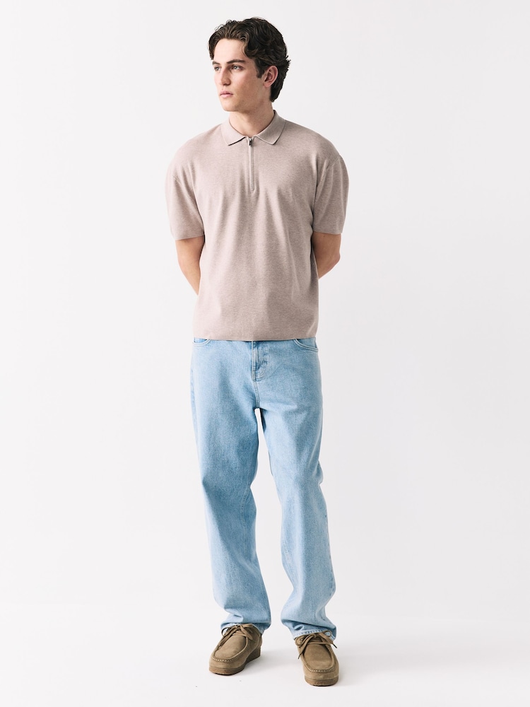 Oatmeal Quarter Zip Relaxed Fit Premium Short Sleeve Knit Polo Shirt - Image 3 of 8