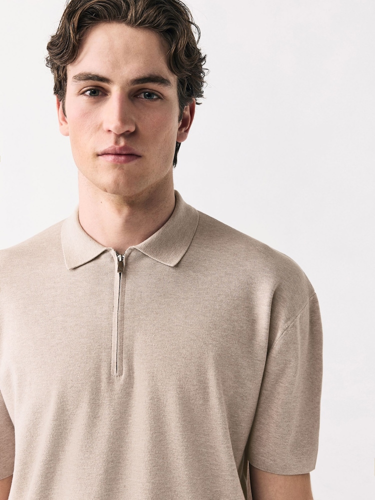 Oatmeal Quarter Zip Relaxed Fit Premium Short Sleeve Knit Polo Shirt - Image 4 of 8