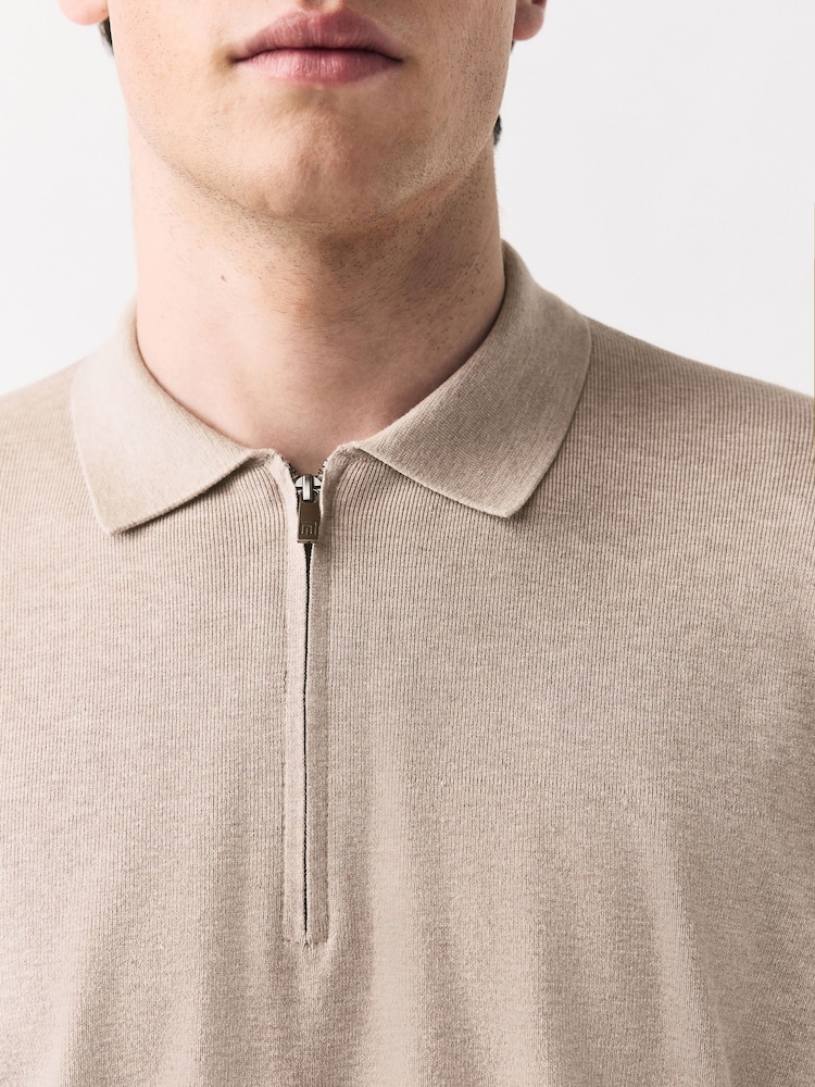 Oatmeal Quarter Zip Relaxed Fit Premium Short Sleeve Knit Polo Shirt - Image 5 of 8