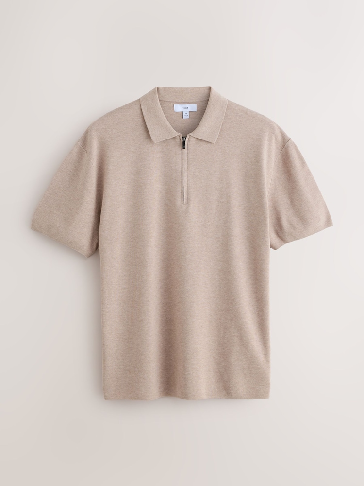 Oatmeal Quarter Zip Relaxed Fit Premium Short Sleeve Knit Polo Shirt - Image 6 of 8