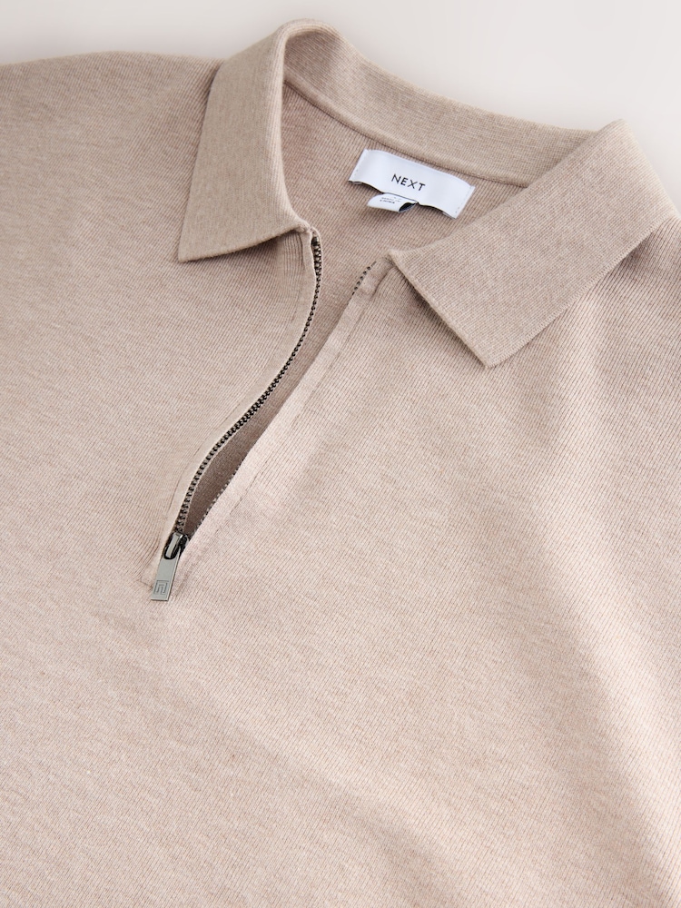 Oatmeal Quarter Zip Relaxed Fit Premium Short Sleeve Knit Polo Shirt - Image 7 of 8