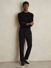Reiss Black Set Belted Technical Tapered Trousers - Image 1 of 6