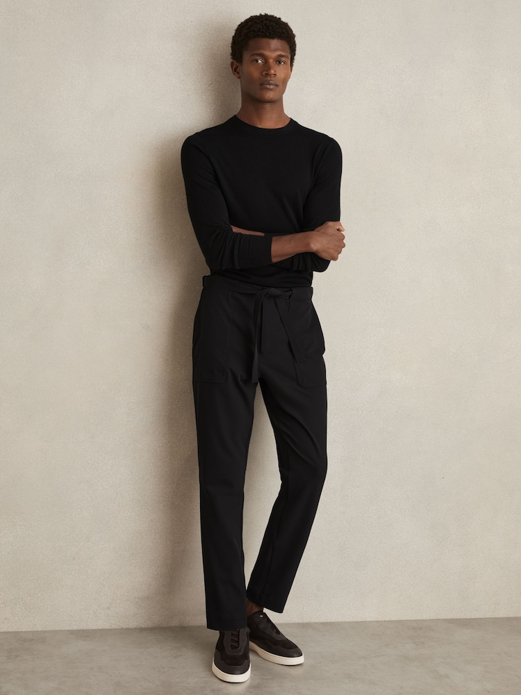 Reiss Black Set Belted Technical Tapered Trousers - Image 1 of 6