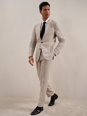 Reiss Oatmeal Ashton Linen Check Slim-Fit Suit Trousers - Image 1 of 7