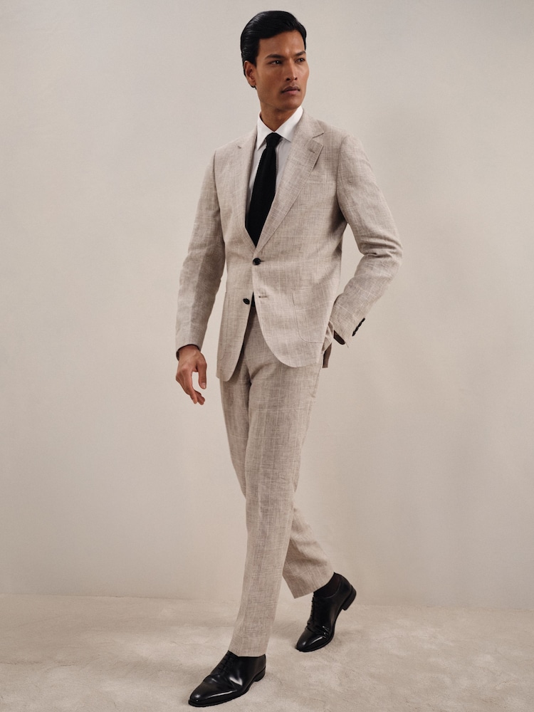 Reiss Oatmeal Ashton Linen Check Slim-Fit Suit Trousers - Image 1 of 7