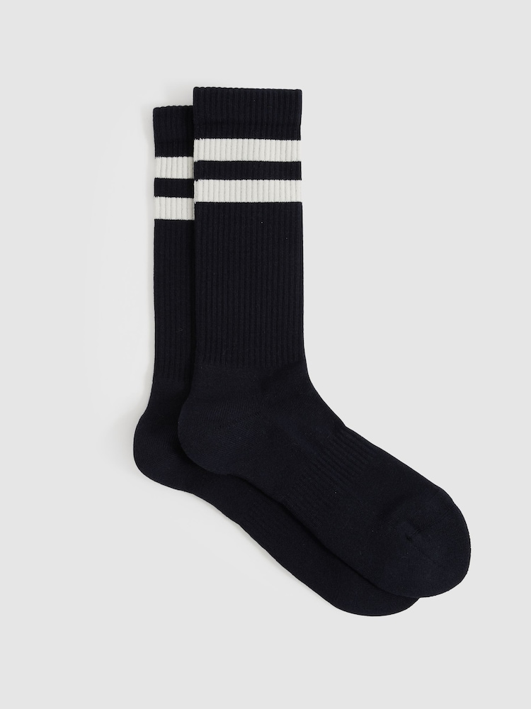 Reiss Navy/Ecru Henman Cotton-Blend Double-Stripe Socks - Image 1 of 3 Reiss Navy/Ecru Henman Cotton-Blend Double-Stripe Socks - Image 1 of 3