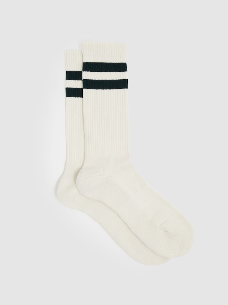 Reiss Forest Green/Ecru Henman Cotton-Blend Double-Stripe Socks - Image 1 of 3