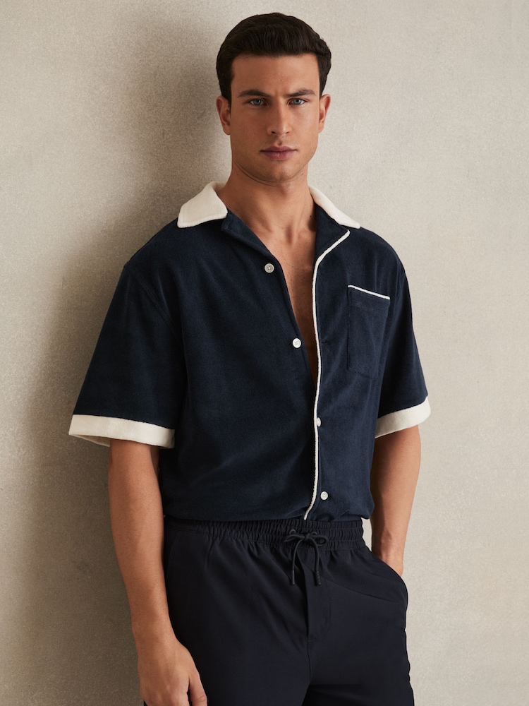 Reiss Navy/White Micah Towelling Contrast Trim Shirt - Image 1 of 5