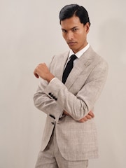 Reiss Oatmeal Ashton Slim-Fit Linen Single-Breasted Check Suit Blazer - Image 1 of 9