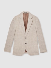 Reiss Oatmeal Ashton Slim-Fit Linen Single-Breasted Check Suit Blazer - Image 2 of 9