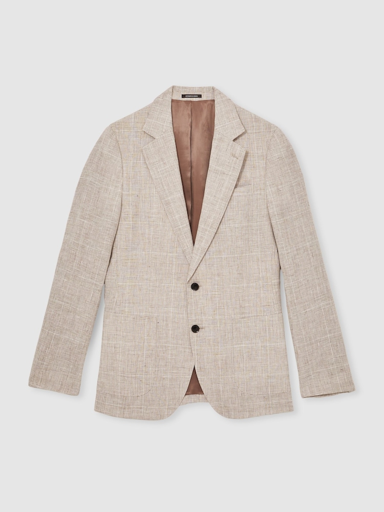 Reiss Oatmeal Ashton Slim-Fit Linen Single-Breasted Check Suit Blazer - Image 2 of 9