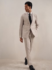Reiss Oatmeal Ashton Slim-Fit Linen Single-Breasted Check Suit Blazer - Image 3 of 9