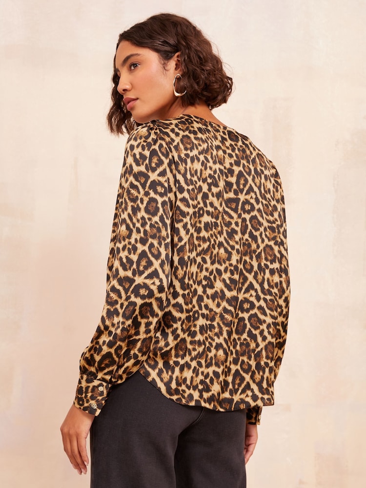 Friends Like These Neutral Ruffle Detail Long Sleeve Leopard Print Blouse - Image 4 of 4