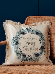 BHS Natural Wish You A Merry Xmas Wreath Cushion - Image 1 of 5