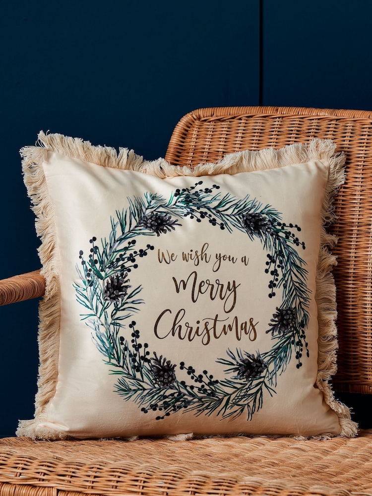 BHS Natural Wish You A Merry Xmas Wreath Cushion - Image 1 of 5