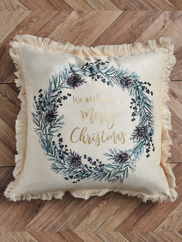 BHS Natural Wish You A Merry Xmas Wreath Cushion - Image 2 of 5