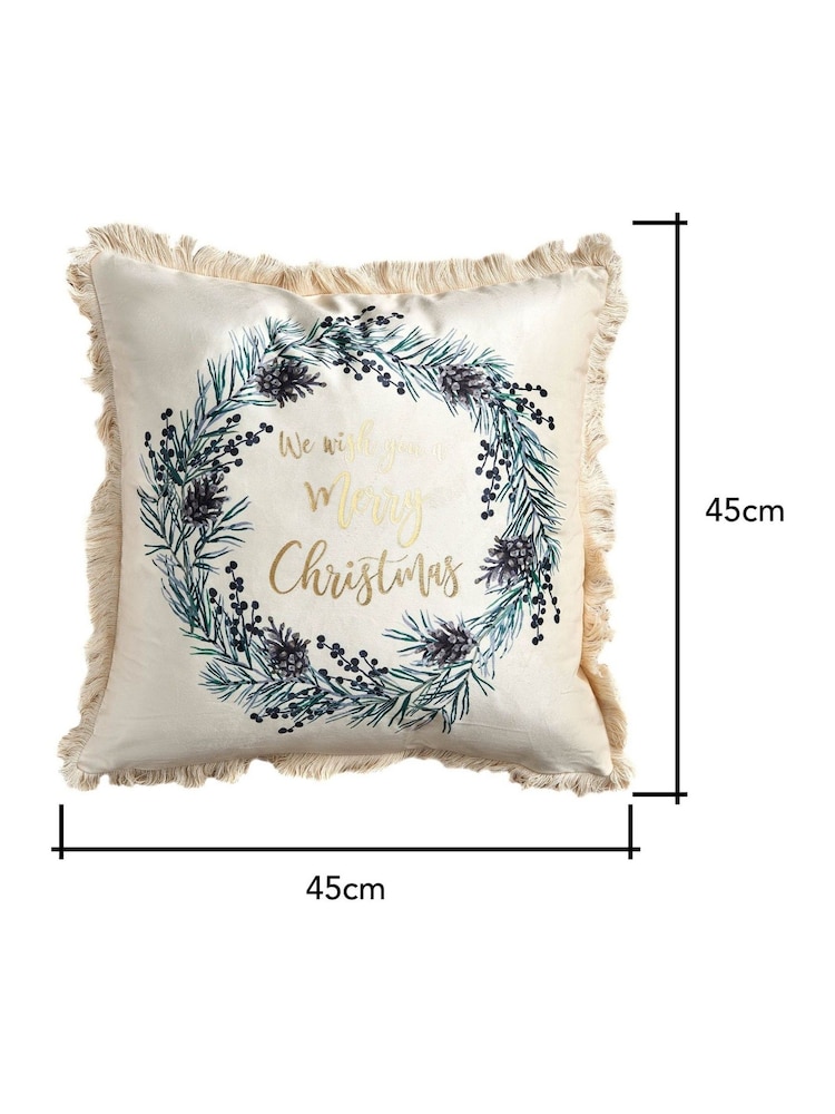 BHS Natural Wish You A Merry Xmas Wreath Cushion - Image 5 of 5
