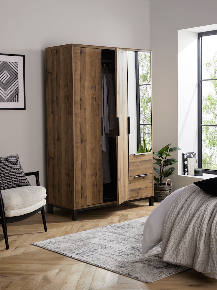 Dark Natural Bronx Oak Effect Slim Triple, 2 Drawers Wardrobe - Image 2 of 11