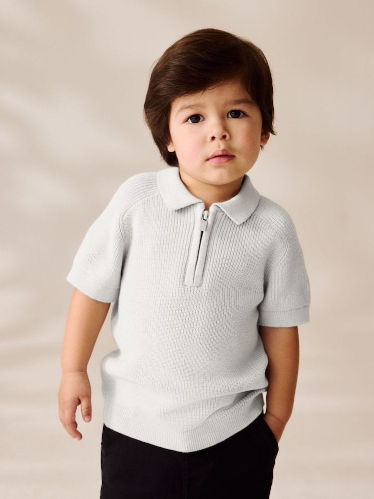 Grey 100% Cotton Knitted Zip Neck Polo Shirt (3mths-7yrs) - Image 1 of 6