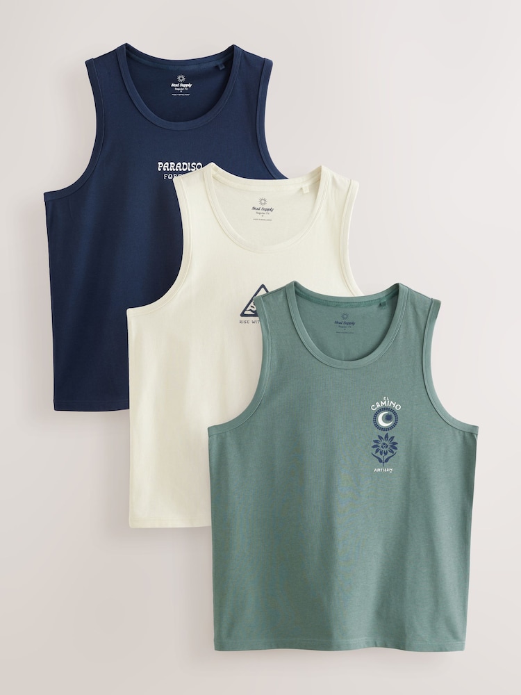 Blue/White/Green Graphic Print 100% Cotton Vests 3 Pack - Image 2 of 15