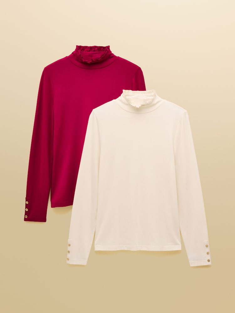 Amy 2-Pack Red/Cream Long Sleeve High Neck Jersey Top - Image 1 of 7