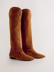 Tan Brown Suede Signature Premium Leather Knee High Slouch Boots - Image 1 of 5