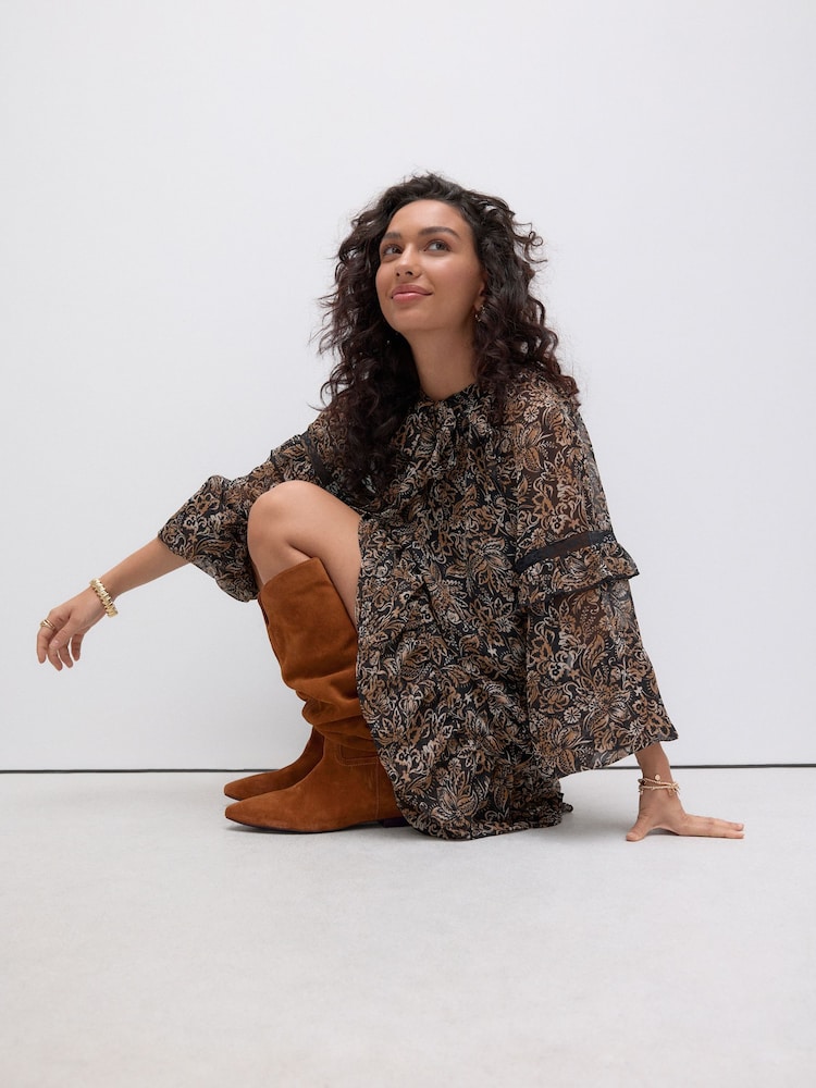 Tan Brown Suede Signature Premium Leather Knee High Slouch Boots - Image 2 of 9 Tan Brown Suede Signature Premium Leather Knee High Slouch Boots - Image 2 of 9