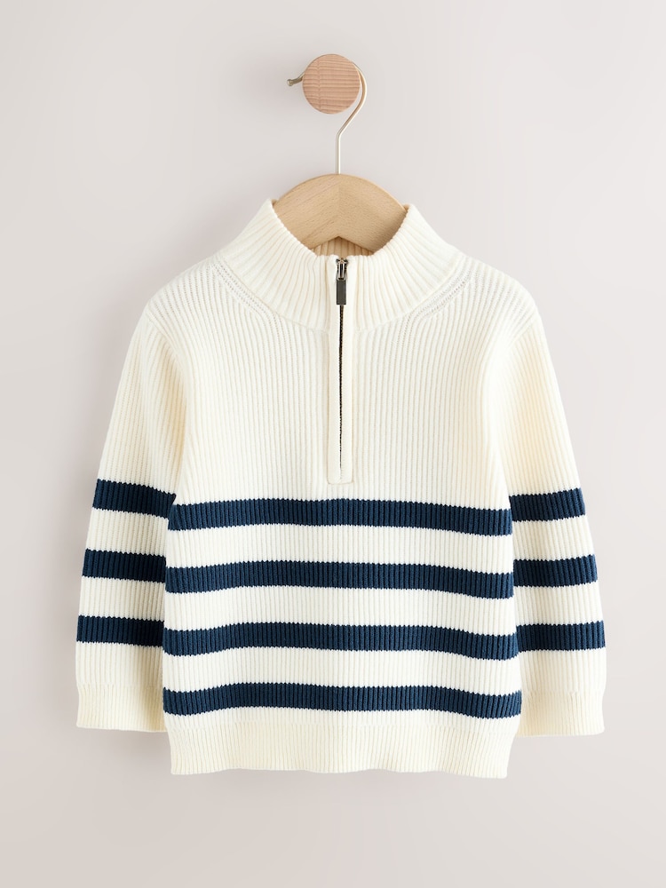 Ecru/Navy Stripe Knitted Quarter Zip Jumper (3mths-7yrs) - Image 1 of 4 Ecru/Navy Stripe Knitted Quarter Zip Jumper (3mths-7yrs) - Image 1 of 4