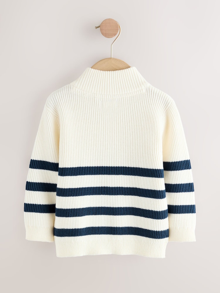 Ecru/Navy Stripe Knitted Quarter Zip Jumper (3mths-7yrs) - Image 2 of 4 Ecru/Navy Stripe Knitted Quarter Zip Jumper (3mths-7yrs) - Image 2 of 4