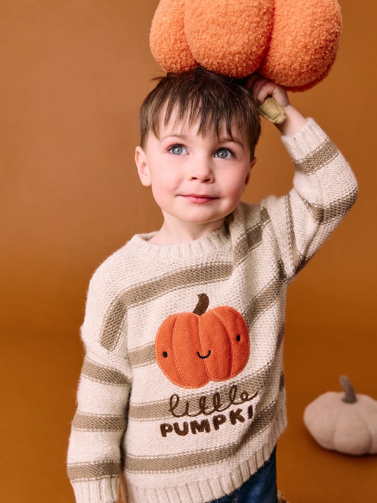 Neutral Pumpkin Halloween Knitted Crew Neck Jumper (3mths-7yrs) - Image 1 of 10